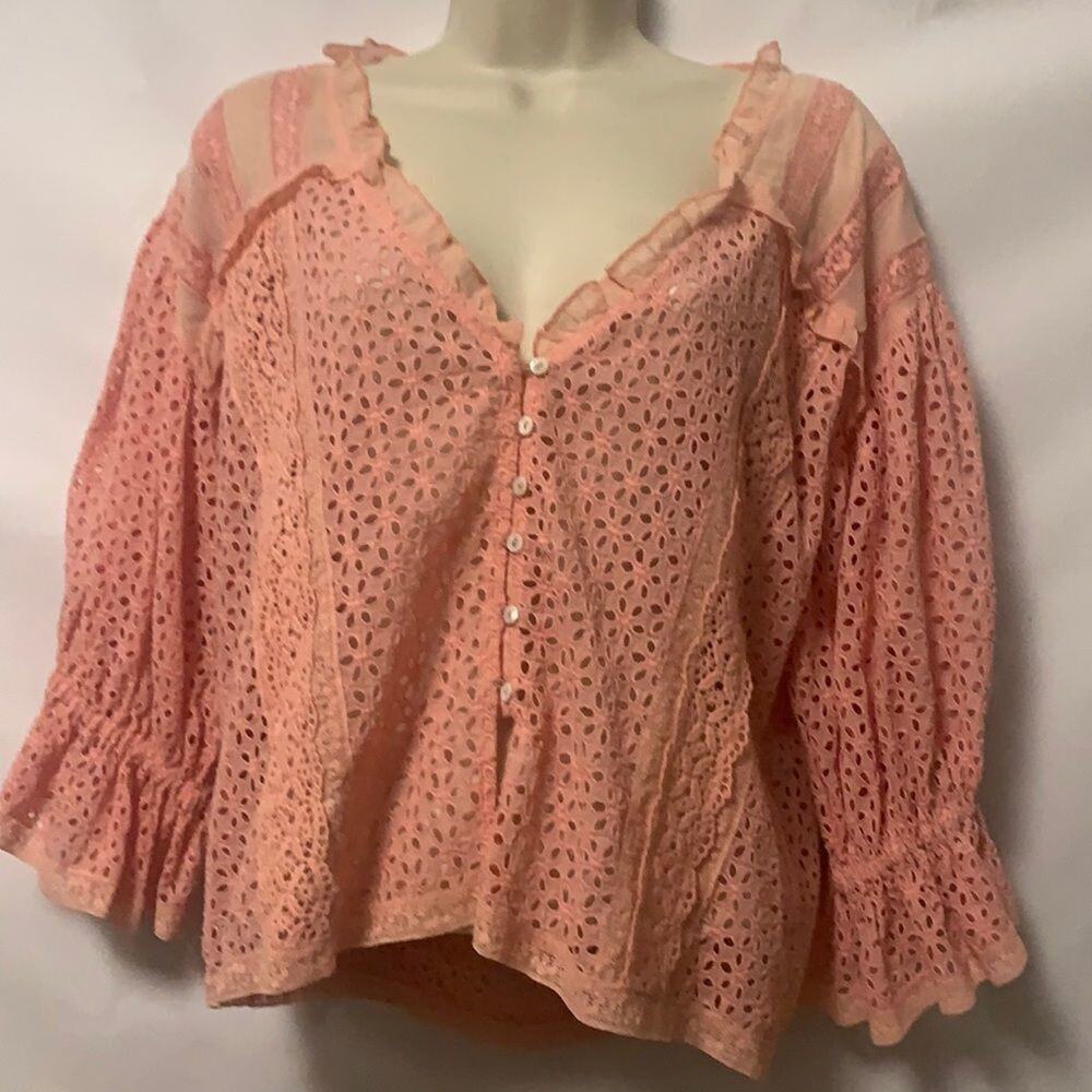 LOVE SAM ANTHROPOLOGIE EYELET & EMBROIDERY DEEP V NECK BLOUSE SIZE S